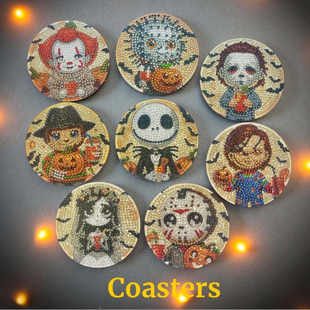 Hand Crafted Diamond Art Halloween Character Coasters Set